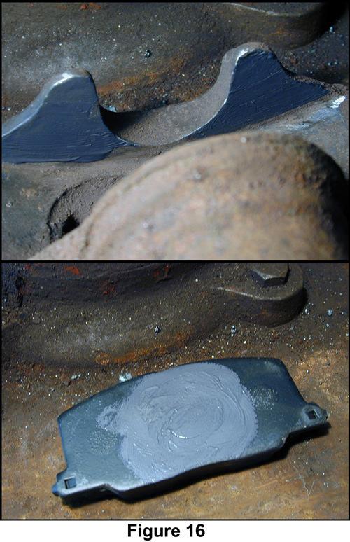 Next, install the anti-rattle hardware and apply a thin film to the surfaces that contact the brake pads as in Figure 15. The bracket can now be installed on the vehicle. How about the brake pads?
