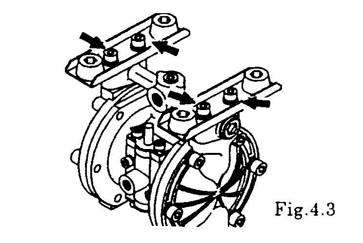 [Fig. 4.3] Remove the 4 retainer bolts from the in manifold, and remove the in manifold. Remove the O-ring, valve seat, ball and ball guide. [Fig. 4.4] BP type See [8.