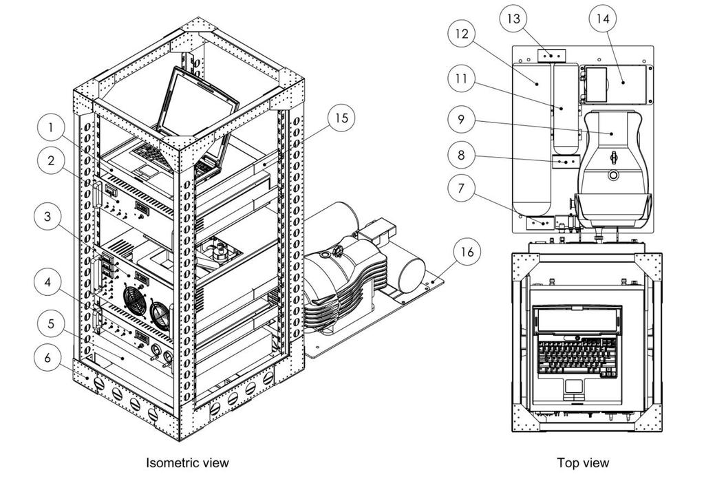 Figure 1. Sketch of the University of York NO x instrument installation configuration on the NERC Dornier 228. The various installed components are identified in the table below.