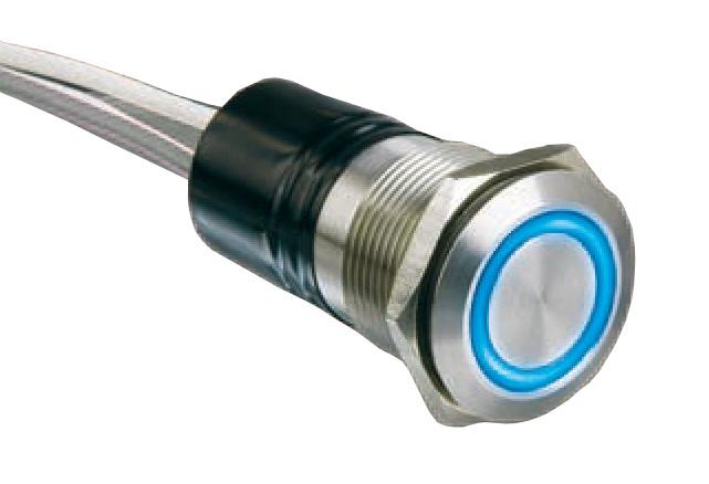 MPI001/RP/xx/x Dot or ring illumination 22mm diameter Single pole push to make 50mA, 24Vdc contact rating Red, Green, Amber, Blue & White illumination Bright daylight LEDs Independent LED terminals