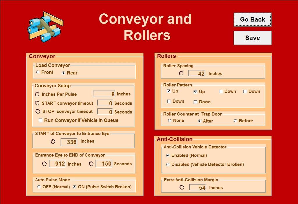 CHAPTER 9 : Setup Options Conveyor and Rollers Conveyor Figure 9-1 Load Conveyor: This parameter tells the system whether the initial roller will engage behind the front tires or behind the rear
