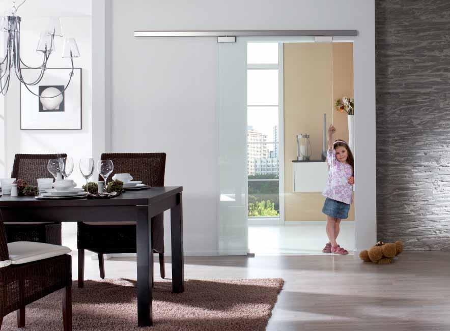 The roller-guided sliding door fittings of the Rollan and Perlan range are preferably used for indoor doors. Their particular advantages include their very quiet running and sophisticated design.