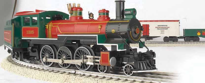 Our merry Christmas Special features a steam locomotive with die-cast boiler and chassis, three Christmas freight cars, snap-fit track with roadbed, and a powerful 80-watt AC transformer in a
