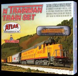 Packed in a convenient, colorful storage box, each set includes a 24 x 30 oval of N True-Track, a power pack, locomotive, box car, covered hopper, tank car, coal hopper and caboose.