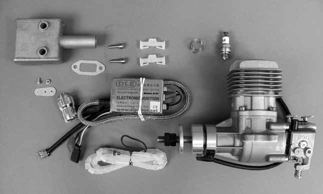 Parts List (1) DLE-20cc Gas Engine w/dle MP 148 100424 (1) DLE Spark Plug (NGK CM6 size) with additional spring (1) Muffler with gasket (2) 4 x 14 mm SHCS (muffler mounting) (1) Electronic Ignition