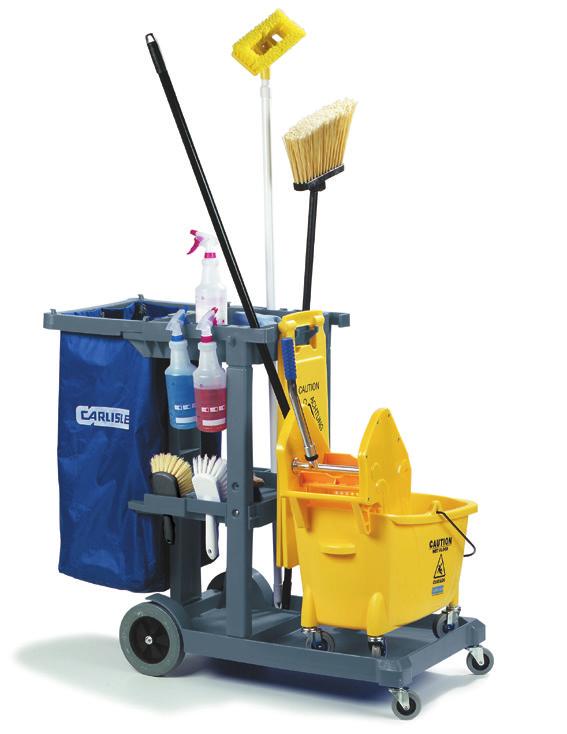WASTE MANAGEMENT & MATERIAL HANDLING UTILITY CARTS Janitorial Carts & Accessories Rugged polypropylene resists cracking, peeling, and corrosion Three durable shelves with raised edges keep items