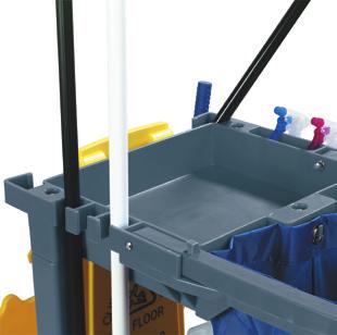 Integrated tool holders, shelves, and hooks keep everything organized including unwieldy handles.