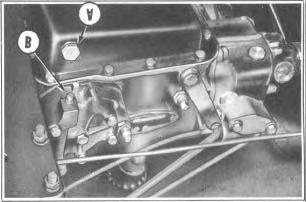 Stop the engine, remove the transmission oil pan drain plug (A), Figure 143, at left side of transmission and drain transmission. 2.