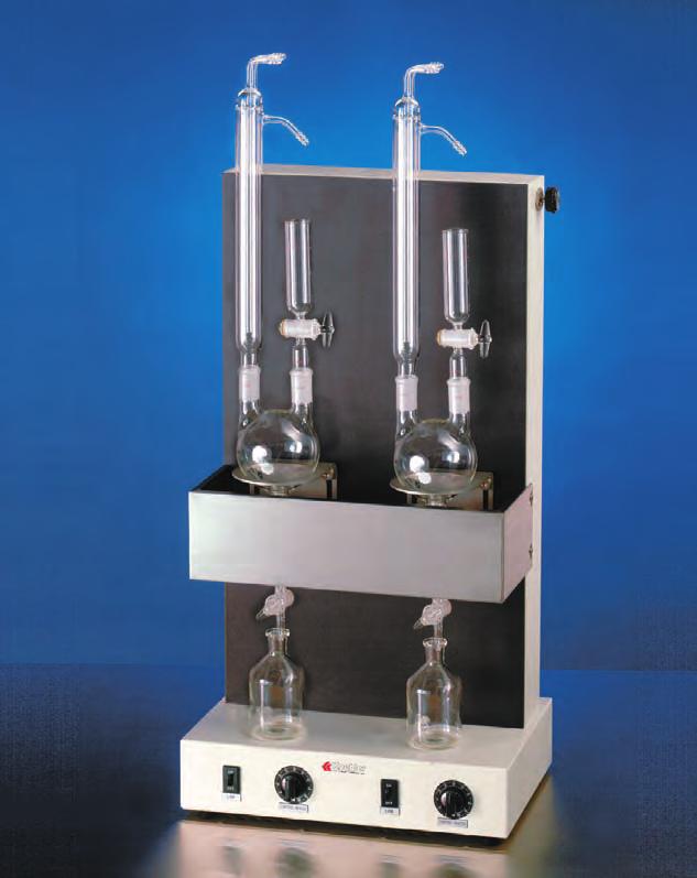 Dual Extraction Apparatus Conforms to ASTM D2547, IP 77, 182, 248 and ISO 2083 specifications Consists of two sets of glassware mounted on a sturdy base/upright assembly with separate line switches,