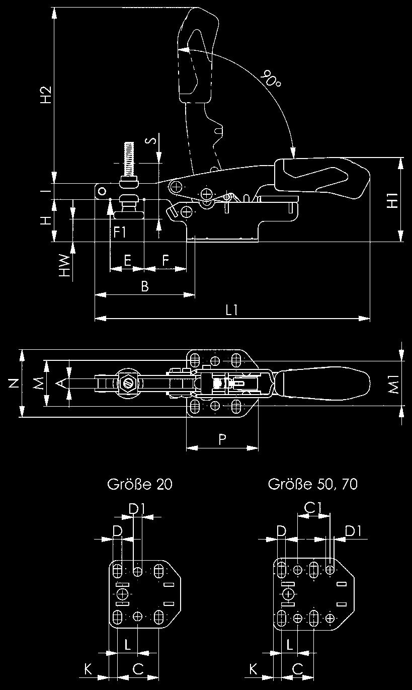 Horizontal toggle clamp variable No. 6870 Horizontal toggle clamp variable with open clamping arm and horizontal base.