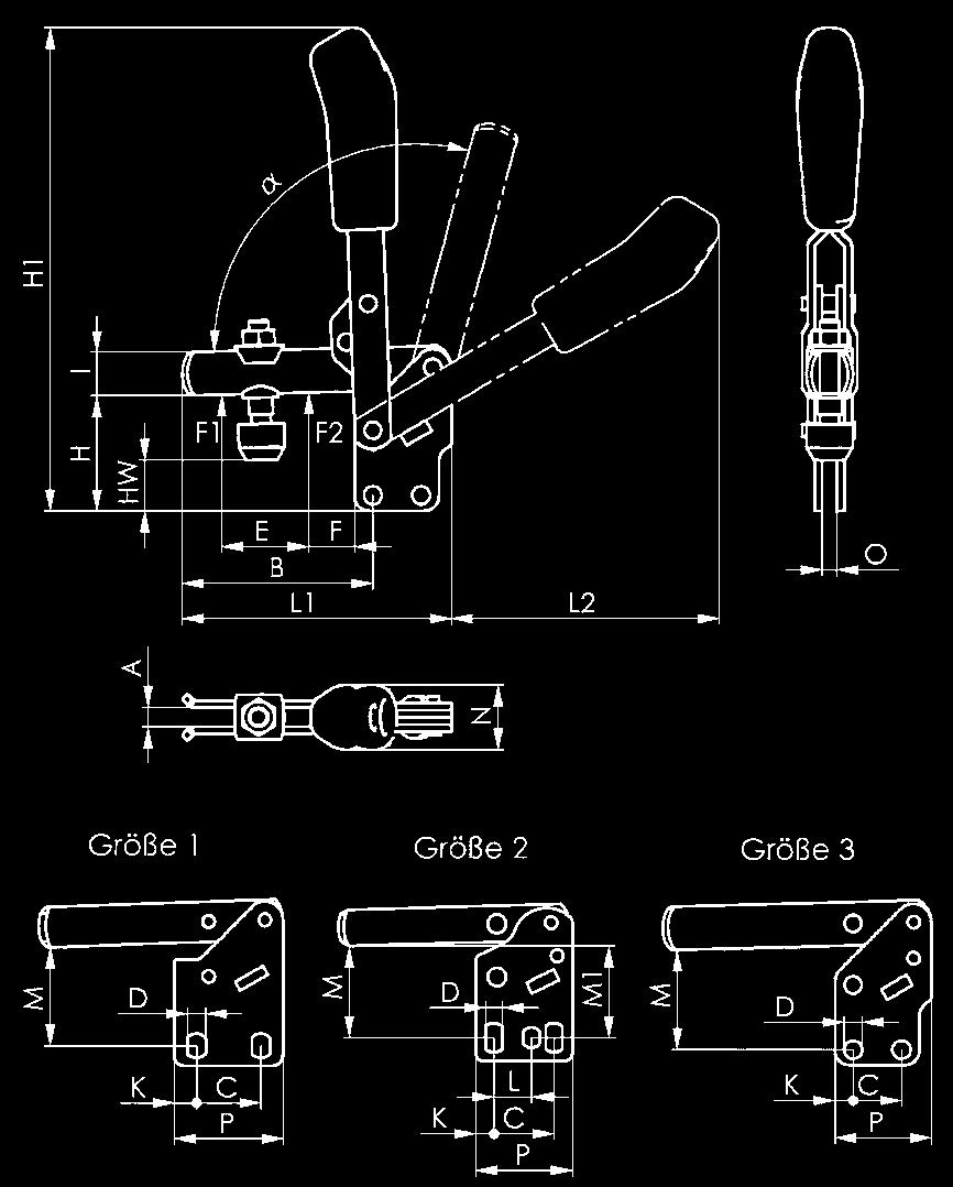 Vertical toggle clamp, black No. 6802B Vertical toggle clamp, black With open clamping arm and vertical base. Matte black surface.
