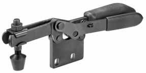 Horizontal toggle clamp, black No. 6832BS Horizontal toggle clamp with safety latch, black For open and clamped positions. With open clamping arm and vertical base. Matte black surface.