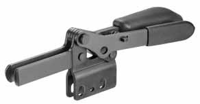 Horizontal toggle clamp, black No. 6835BS-3 Horizontal toggle clamp with safety latch, black For open and clamped positions. With open clamping arm and vertical, open base. Matte black surface.