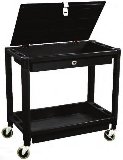 52kg) 8334 2 Shelf Plastic Cart with Locking Lid - Black Color Hinged lid closes and locks with a standard padlock (lock not included) For shop, offi ce, warehouse or medical facility use Has