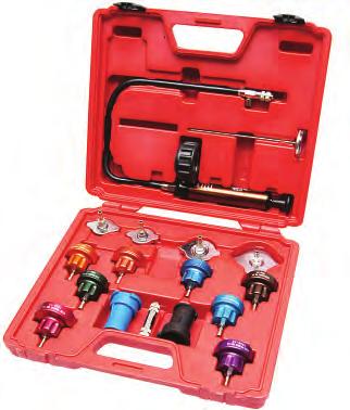 UNDER CAR KITS 81 Universal Radiator Pressure Tester & Vacuum Type Cooling System Kit Special design of vacuum purge & refi ll tool connection fi ts nearly all type of radiator openings Allows for