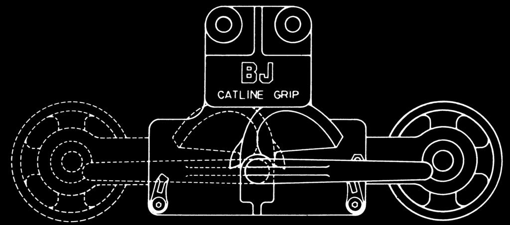 The specially-shaped teeth, of this grip, when locked against the braking horizontal face, take a positive grip without damaging the cat-line rope.