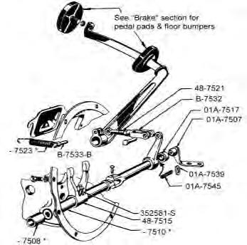 1939 HYDRAULIC BRAKE & CLUTCH PEDAL ASSEMBLY Use to add hydraulic brakes to 1935-38 cars & pickups. Accepts either original style 3 bolt master cylinder or later 2 bolt Ford unit with dual reservoirs.