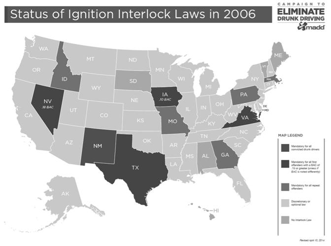 DUI Deaths and Interlock Installs in USA 2006