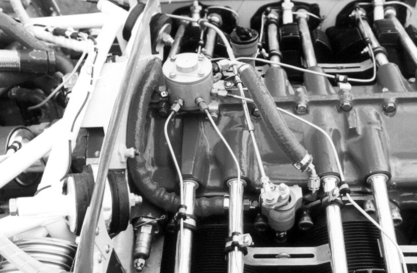 The metered fuel hose is routed around the front of cylinder #1 on this four cylinder Lycoming.