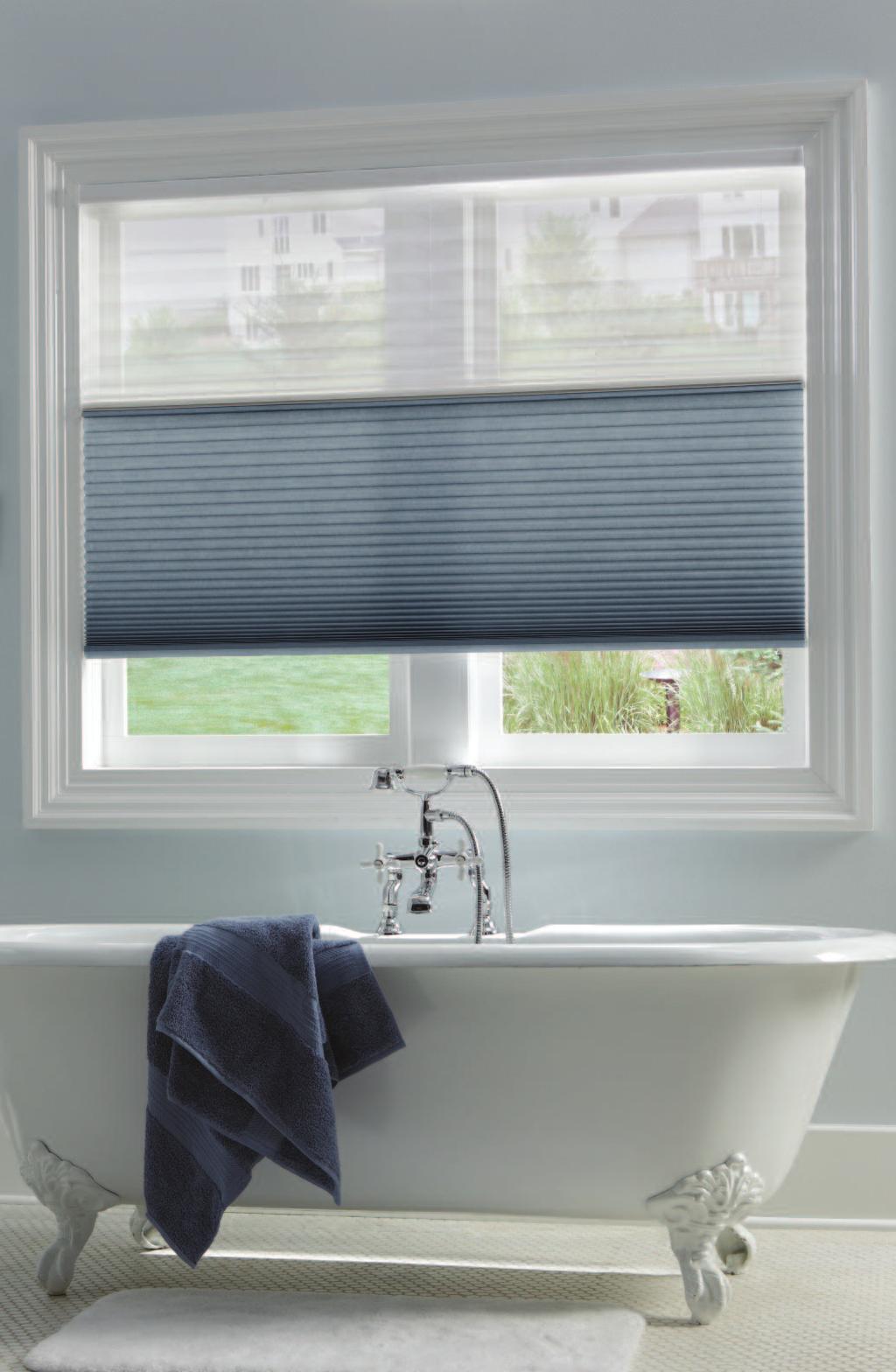 // TriLight Shades features & benefits The beautiful combination of a sheer pleated shade on top and honeycomb or 2" Hybrid Pleat shade on the bottom provides maximum versatility in a single window