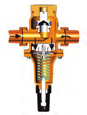 As the flow increases downstream, the pressure acting on the spring pushes the diaphragm and the valve seat away from the valve seal to regulate outlet pressure to desired value.