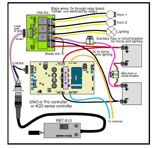 5.2 24v Motor with 12v Lights / Horn The diagram below shows the wiring you should use if you have a 24v system but have 12v horns and lighting.