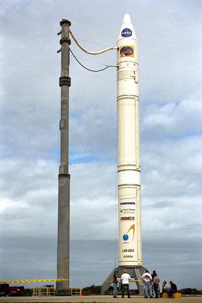 Athena II rocket at Cape Canaveral launch site, destined for the moon, containing the Lunar Prospector probe,
