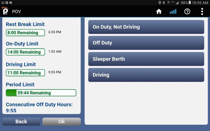 reset time requirement before choosing an On Duty, Not Driving Status. 9.