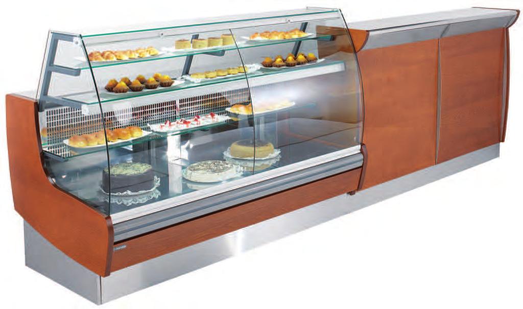 123 SAFIRA Confectionary Display SAFIRA 1800 FE VCR and MOZART bar counter (Cerejeira finish) Curved opening glass Standard finish is wood decoration with Stainless steel plinth and back shelf Other