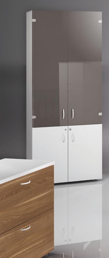 in our facilities Shell, doors and shelves made from 19 mm thick melamine Optional 2 mm thick decorative top Melamine doors and tops matching system furniture ranges 6 mm thick toughened glass doors
