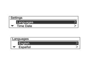 7-42 Infotainment System Table of information for settings [Languages] [Time Date] [Radio Settings] Select the desired language for displaying.