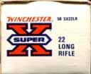 Copper washed lead bullet. LR-1.22 LONG RIFLE (HIGH VELOCITY)."SUPER-X". White box with red and blue printing. One-piece box with end flaps. Product code SX22LR on the ends.