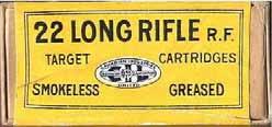CANADIAN INDUSTRIES Ltd. 1928-1931 Issues LR-9.22 LONG RIFLE (MILITARY). "SMOKELESS GREASED". Box of 100. Yellow and blue label with white and blue printing.