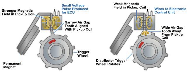 Inside the distributor Under the car dash Trigger Wheel. The trigger wheel, also called the reluctor or pole piece, is fastened to the upper end of the distributor shaft, as shown in Figure 6-31.