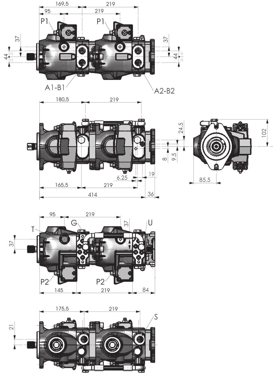 TANDEM PUMP - Hydraulic Remote Servo-Control INSTALLATION DRAWING See shaft and flange details T CONNECTIONS A1-B1 SERVICES 3/4" BSP A2-B2 SERVICES 3/4" BSP T