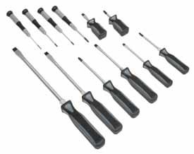 8 Piece Professional Screwdriver Set (Black handles) > Includes 5 flat tip drivers and 3 Phillips tip drivers > Hardened chrome vanadium shafts > Vapor blasted magnetic tips > Hex bolsters on most