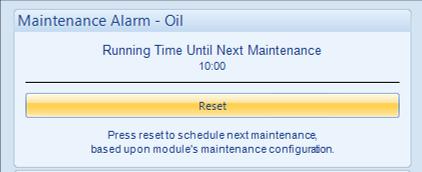 The method of reset is either by: Activating an input that has been configured to Maintenance Reset Alarm x, where x is the type of maintenance alarm (Air, Fuel or Oil).