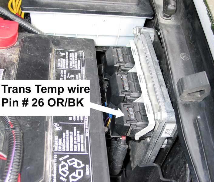 Automatic Transmission Temperature Sensor Locate the transmission temperature sensor wire at the PCM connector on the vehicle. Transmission Fluid Temperature Sensor Wire Tap Location 1999-2002 7.