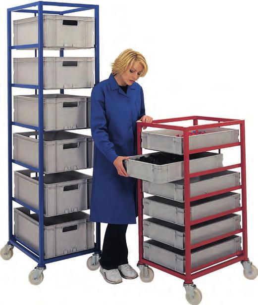 Welded square section steel tube construction with formed tray supports Metal strap prevents trays from being pushed through when loading 4 x swivel castors with 100mm diameter nylon wheels and