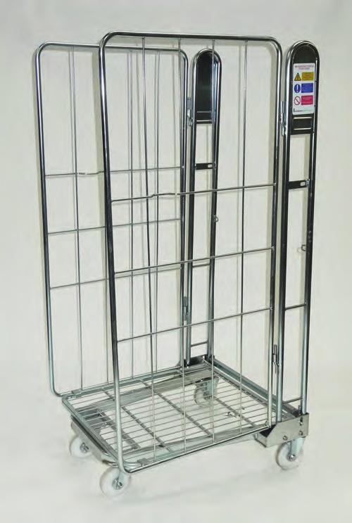 ROLL CAGES 96.05 Nestable A Frame Roll Containers Nested containers with hinged side, rod infill panels and "A" frame. Bright electro zinc plated finish allows for steam cleaning or pressure washing.