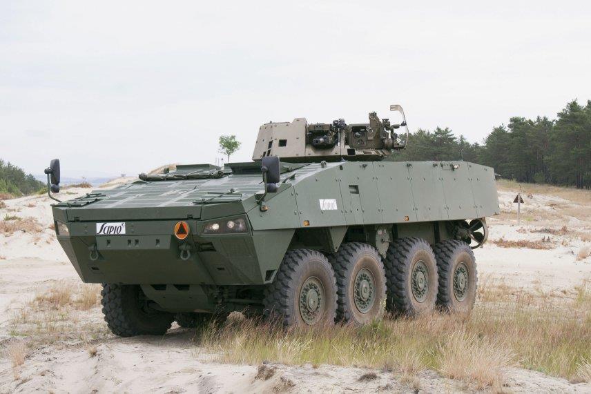 A Rosomak (Patria AMV) 8x8 armoured personnel carrier armed with the TURRA 30 mm turret for the Slovakian Armed Forces. In Slovak service the vehicle will be known as the Scipio.