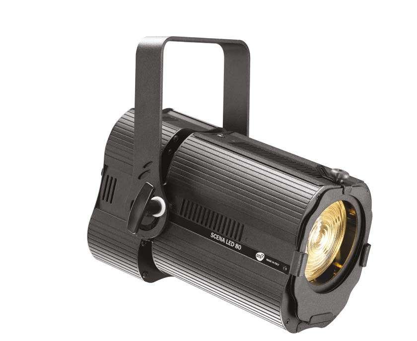 SCENA LED 80 MZ THE COMPACT THEATRE PROJECTOR WITH DMX/RDM CONTROL OF ZOOM AND DIMMER Single high-power White 3000K LED CRI > 90 Also available with 4000K and 5000K LEDs LED lifespan: 50,000 hours