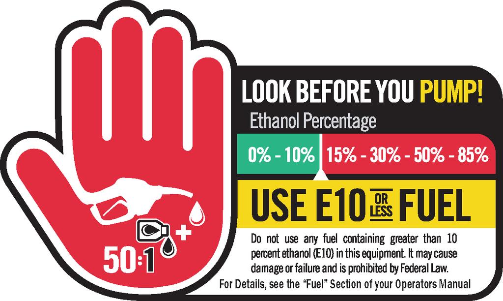WARNING Alternative fuels, such as E-15 (15 % ethanol), E-85 (85 % ethanol) or any fuels not meeting ECHO requirements are not approved for use in ECHO 2-stroke gasoline engines.