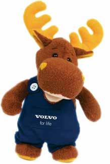 The elk has blue overalls with a Volvo logo imprinted in white.