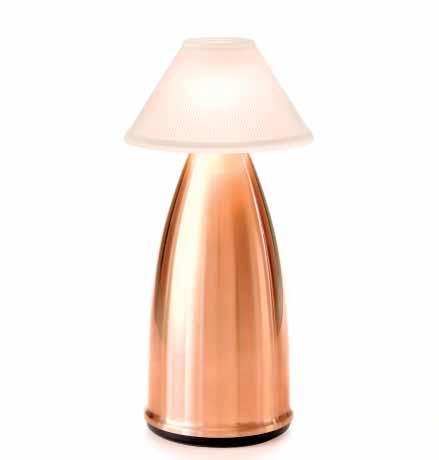 Rechargeable battery table lamp cylindrical opal diffuser and top plate providing soft ambient side and downlight.