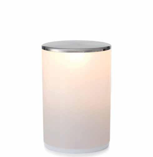 opal acrylic diffusor providing soft ambient side and downlight. Rechargeable battery table lamp with hand-made solid resin diffuser provides soft ambient light.
