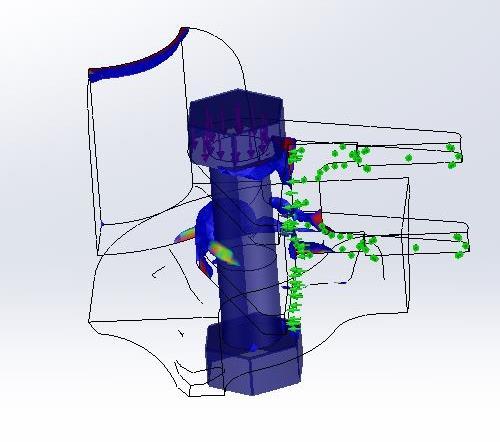 Figure 18: A downward 20 kn load is applied to the lower rear mount assembly. This more realistic method of modeling in an assembly shows that our parts will succeed in their required load cases.