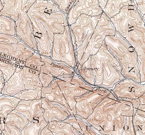 This 1906 topographic map shows the Library area before the Montour Railroad Library Branch was completed.
