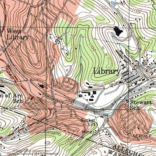 This topographic map shows the two drift entries and waste tramway used by Montour No. 10.