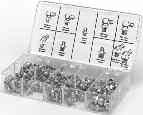 5469 Deluxe 100 assorted grease fittings in six popular sizes. Sturdy, easy to handle transparent dispenser box has labeled and illustrated compartments.